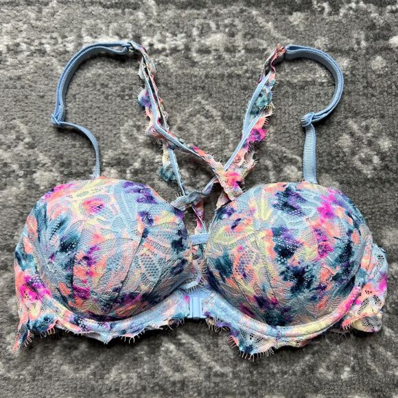 Victorias Secret PINK Front Close Date Racerback Pushup Bra Multicolor 32B Lace - Picture 1 of 5
